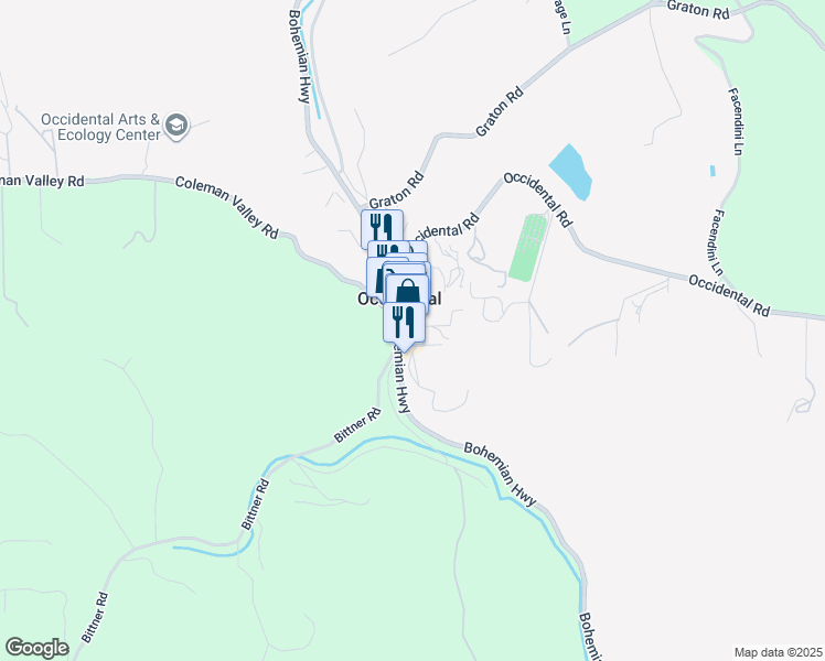 map of restaurants, bars, coffee shops, grocery stores, and more near 3611 Main Street in Occidental
