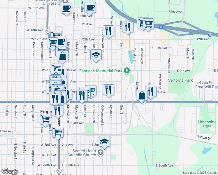 map of restaurants, bars, coffee shops, grocery stores, and more near 625-627 Sylvan Street in Emporia