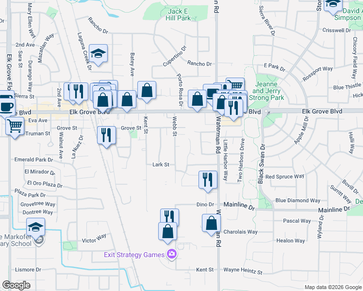 map of restaurants, bars, coffee shops, grocery stores, and more near 9684 Gamay Way in Elk Grove