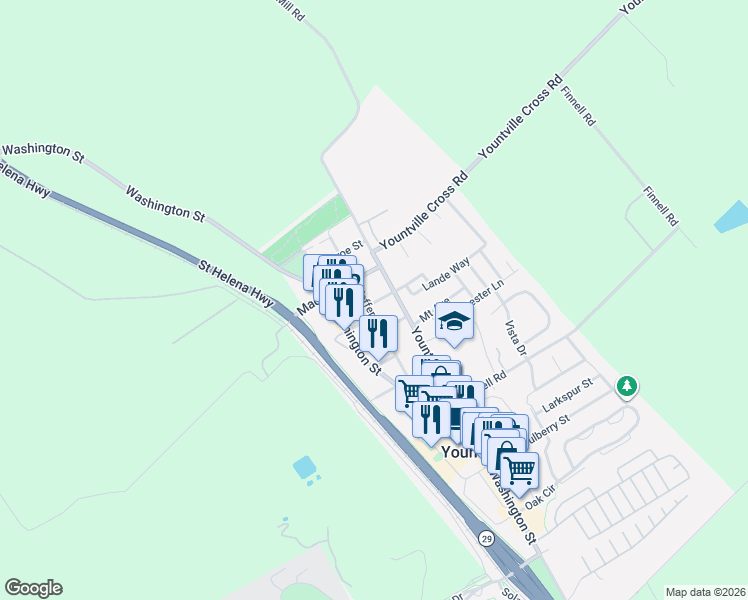 map of restaurants, bars, coffee shops, grocery stores, and more near 2145 Pedroni Street in Yountville