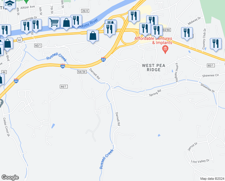 map of restaurants, bars, coffee shops, grocery stores, and more near 4739 Darnell Road in Huntington