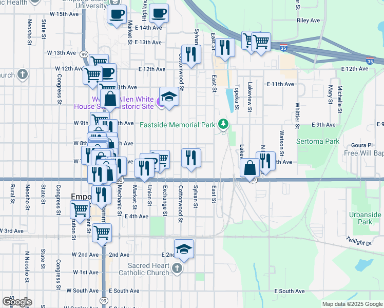 map of restaurants, bars, coffee shops, grocery stores, and more near 625-627 Sylvan Street in Emporia