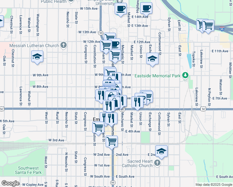 map of restaurants, bars, coffee shops, grocery stores, and more near 5 East 7th Avenue in Emporia