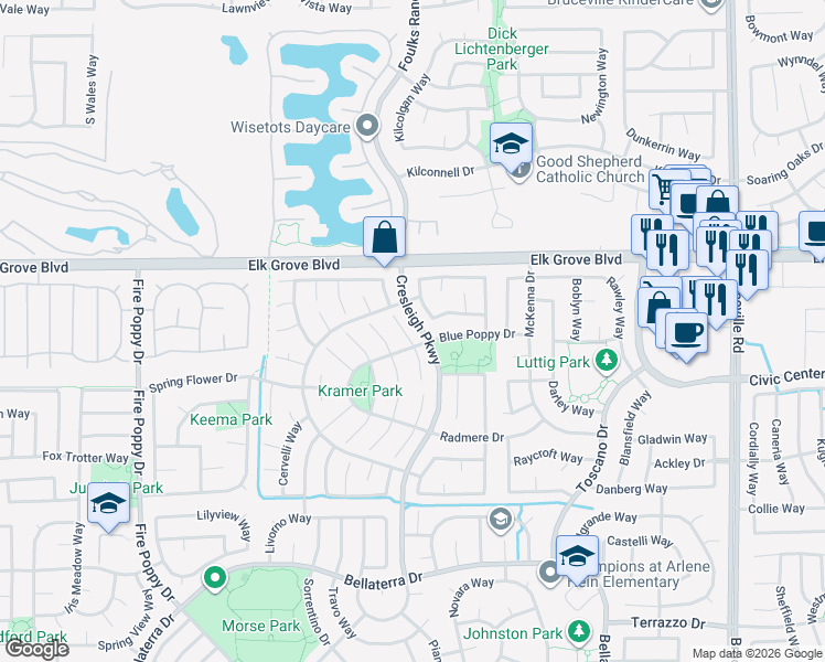map of restaurants, bars, coffee shops, grocery stores, and more near 9621 Fire Station Court in Elk Grove