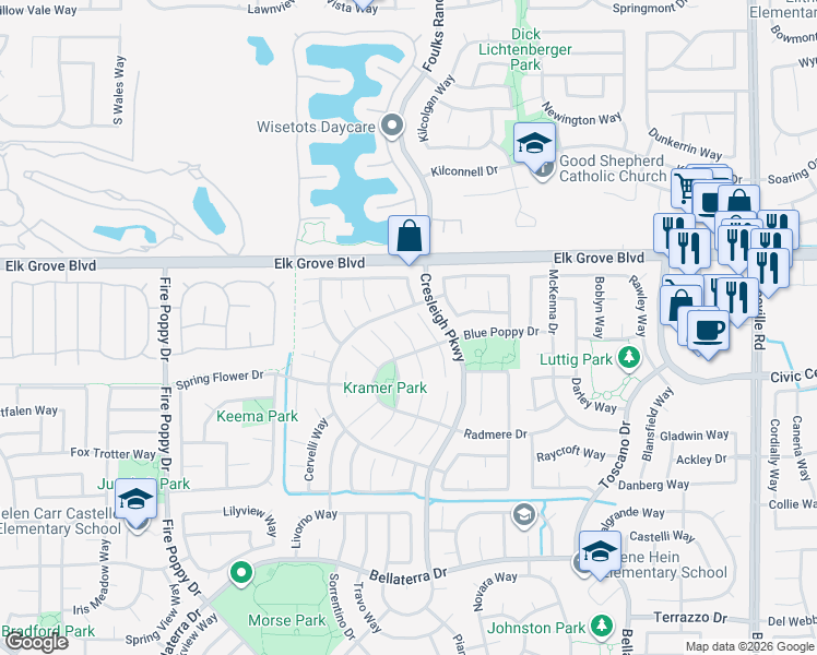 map of restaurants, bars, coffee shops, grocery stores, and more near 6129 Wild Fox Court in Elk Grove