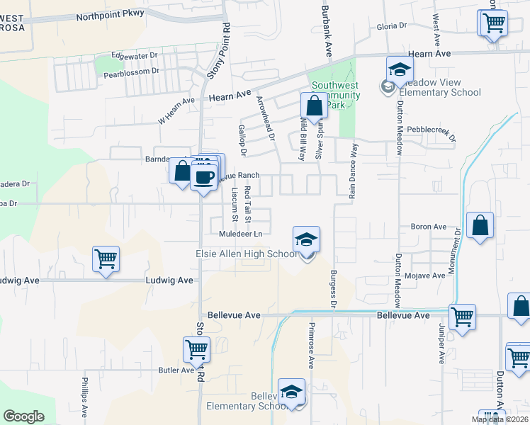map of restaurants, bars, coffee shops, grocery stores, and more near 2970 Stonesheep Lane in Santa Rosa