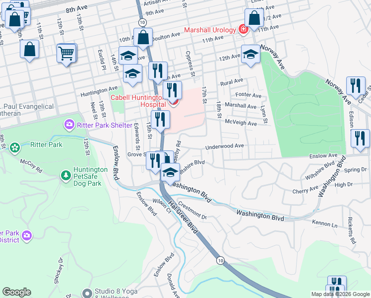 map of restaurants, bars, coffee shops, grocery stores, and more near 1641 Glenway Lane in Huntington
