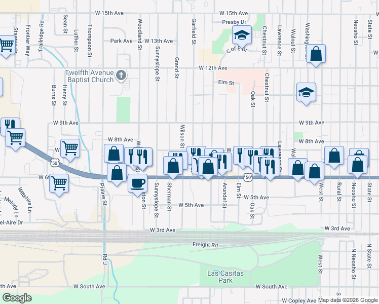 map of restaurants, bars, coffee shops, grocery stores, and more near 630 Wilson Street in Emporia