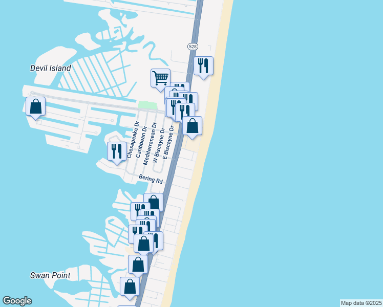map of restaurants, bars, coffee shops, grocery stores, and more near 6 89th Street in Ocean City
