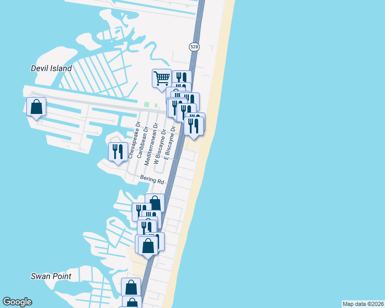 map of restaurants, bars, coffee shops, grocery stores, and more near 6 89th Street in Ocean City