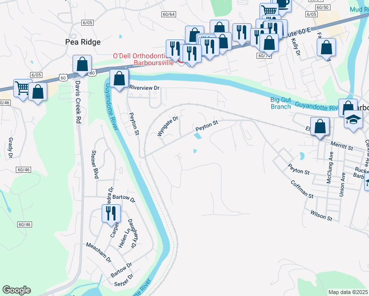 map of restaurants, bars, coffee shops, grocery stores, and more near 200 Peyton Street in Barboursville