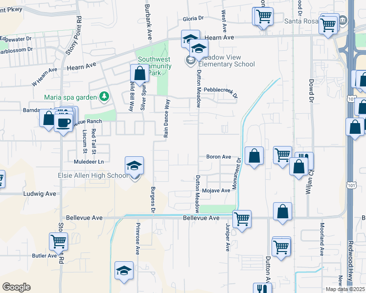 map of restaurants, bars, coffee shops, grocery stores, and more near 2875 Dutton Meadow in Santa Rosa