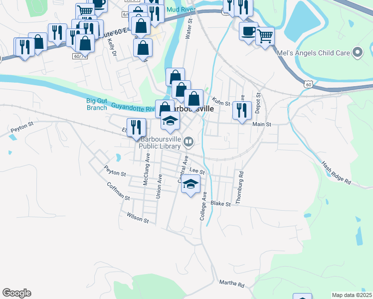 map of restaurants, bars, coffee shops, grocery stores, and more near Central Avenue in Barboursville