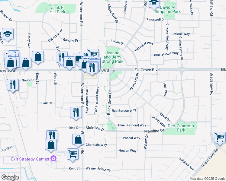 map of restaurants, bars, coffee shops, grocery stores, and more near 9688 Anton Oaks Way in Elk Grove