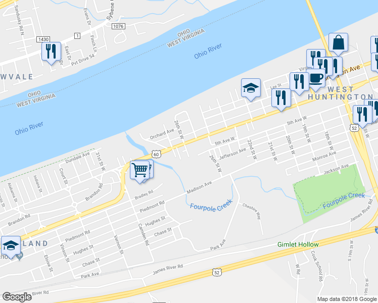 map of restaurants, bars, coffee shops, grocery stores, and more near 521 26th Street West in Huntington