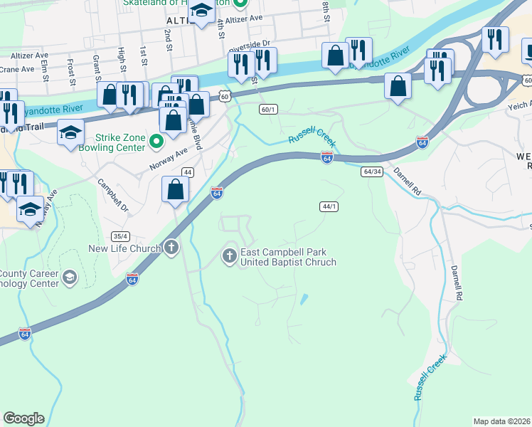 map of restaurants, bars, coffee shops, grocery stores, and more near Twin Oaks Court in Huntington