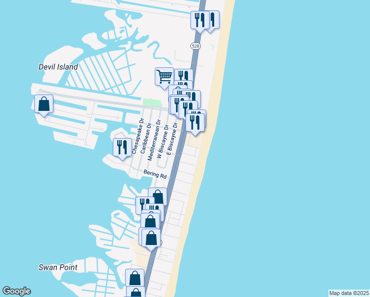 map of restaurants, bars, coffee shops, grocery stores, and more near 9100 Coastal Highway in Ocean City