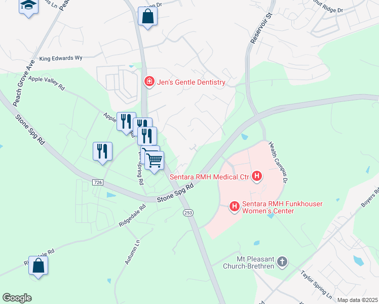 map of restaurants, bars, coffee shops, grocery stores, and more near 2398 Meadow Court in Harrisonburg