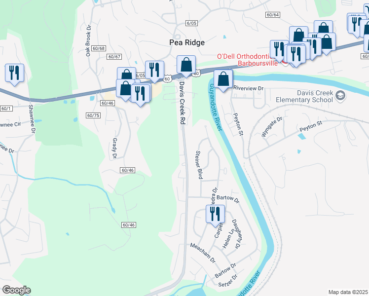 map of restaurants, bars, coffee shops, grocery stores, and more near 5845 Davis Creek Road in Barboursville