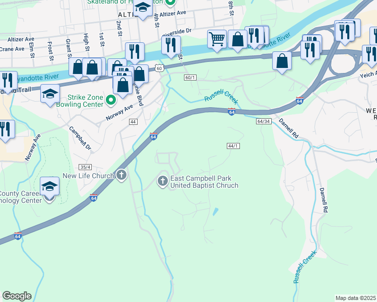 map of restaurants, bars, coffee shops, grocery stores, and more near Twin Oaks Court in Huntington