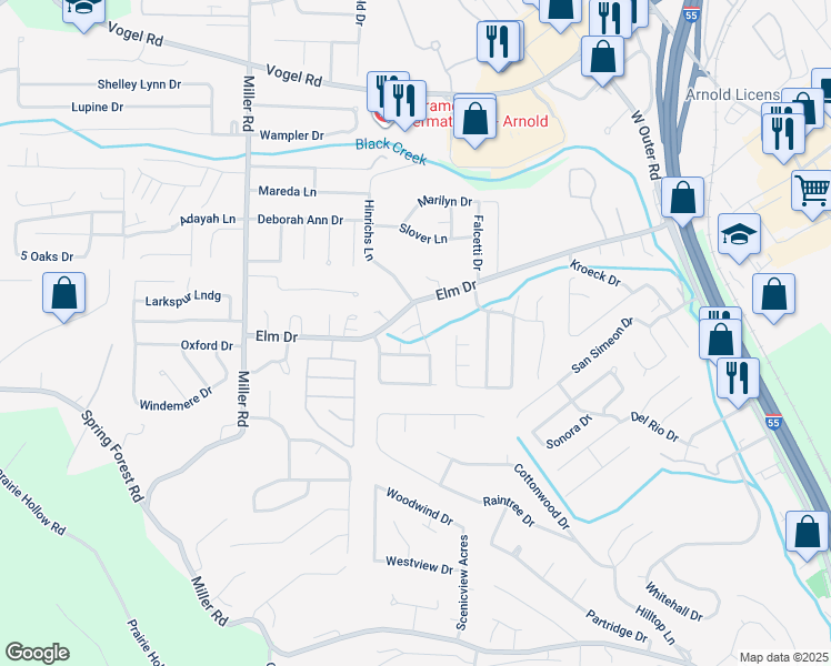 map of restaurants, bars, coffee shops, grocery stores, and more near 2490 Elm Drive in Arnold