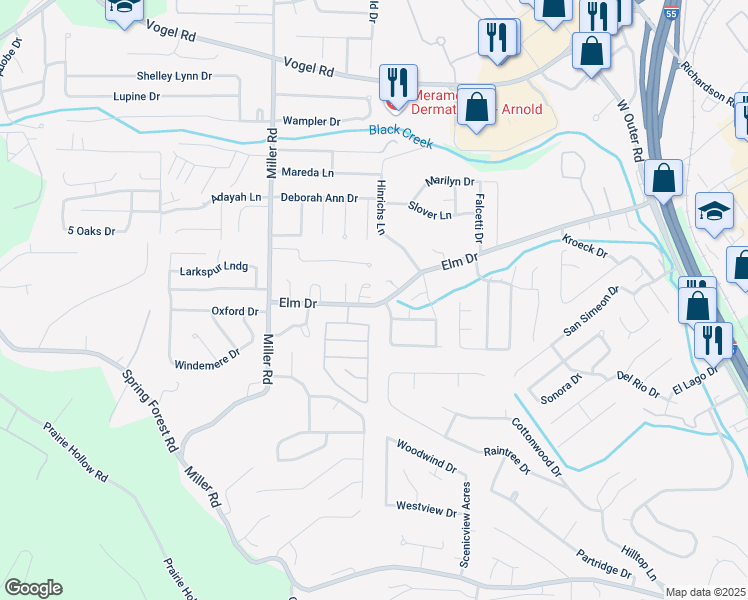 map of restaurants, bars, coffee shops, grocery stores, and more near 2521 Elm Drive in Arnold