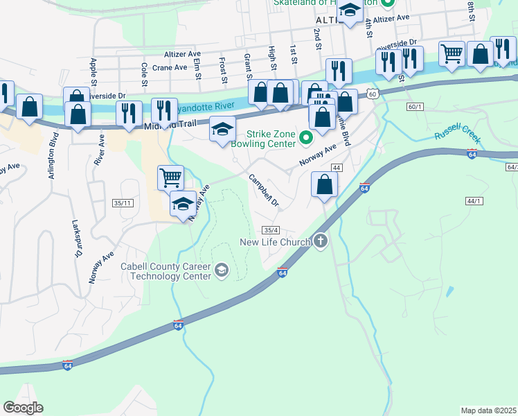 map of restaurants, bars, coffee shops, grocery stores, and more near 1592-1598 Campbell Drive in Huntington