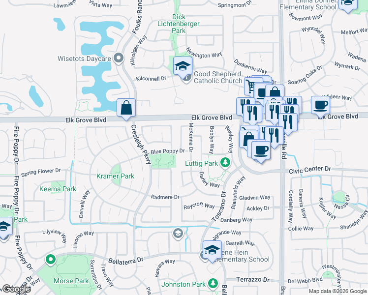 map of restaurants, bars, coffee shops, grocery stores, and more near 9657 Richlyn Way in Elk Grove