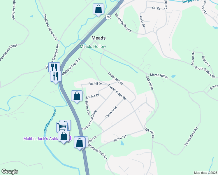 map of restaurants, bars, coffee shops, grocery stores, and more near 1526 Cr-1333S in Ashland
