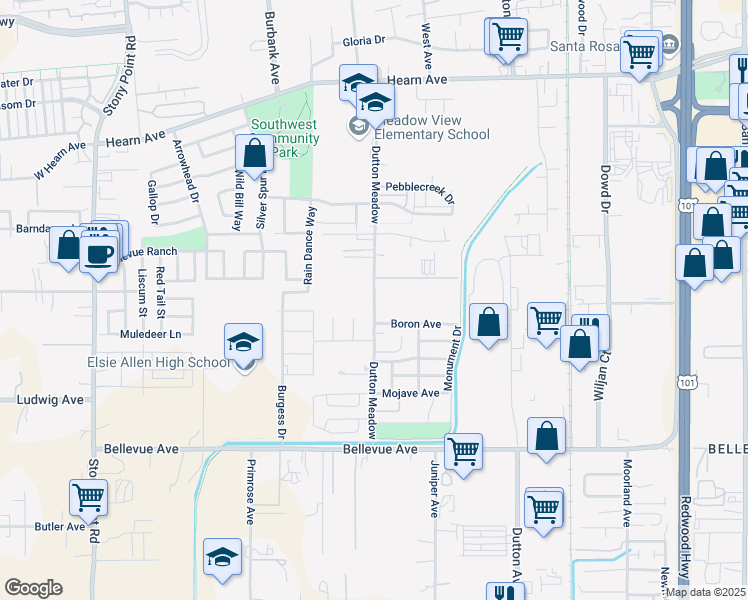 map of restaurants, bars, coffee shops, grocery stores, and more near 2853 Dutton Meadow in Santa Rosa