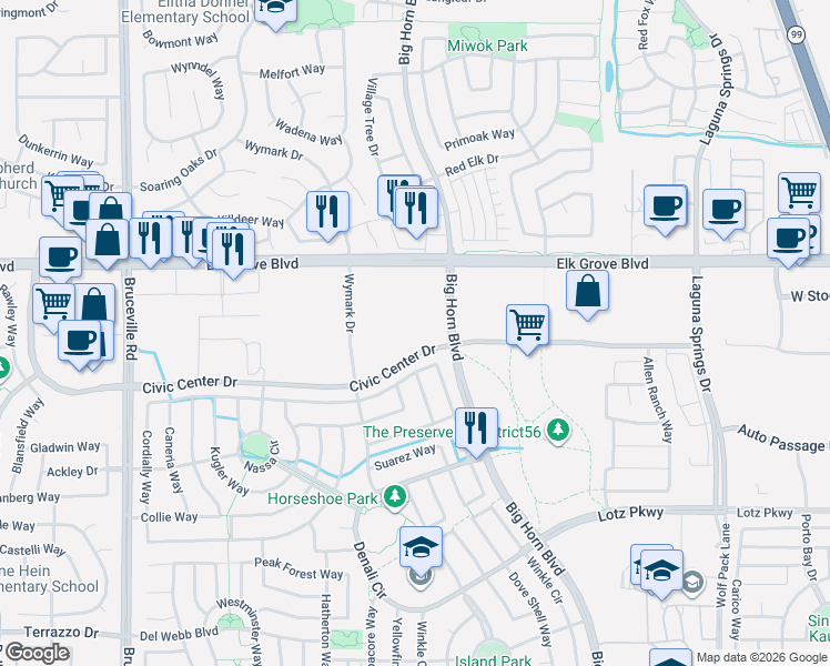 map of restaurants, bars, coffee shops, grocery stores, and more near 8151 Civic Center Drive in Elk Grove