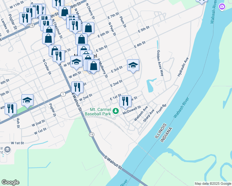 map of restaurants, bars, coffee shops, grocery stores, and more near 201-299 E 2nd St in Mt Carmel