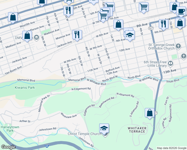 map of restaurants, bars, coffee shops, grocery stores, and more near 327 11th Avenue in Huntington