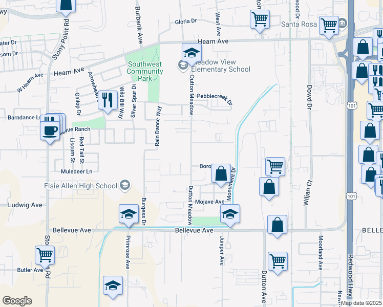 map of restaurants, bars, coffee shops, grocery stores, and more near 2853 Dutton Meadow in Santa Rosa
