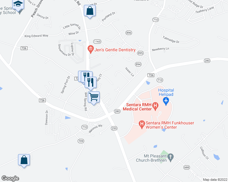 map of restaurants, bars, coffee shops, grocery stores, and more near 2398 Meadow Court in Harrisonburg