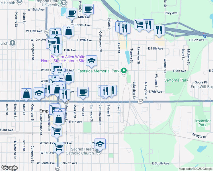 map of restaurants, bars, coffee shops, grocery stores, and more near 801 Sylvan St in Emporia