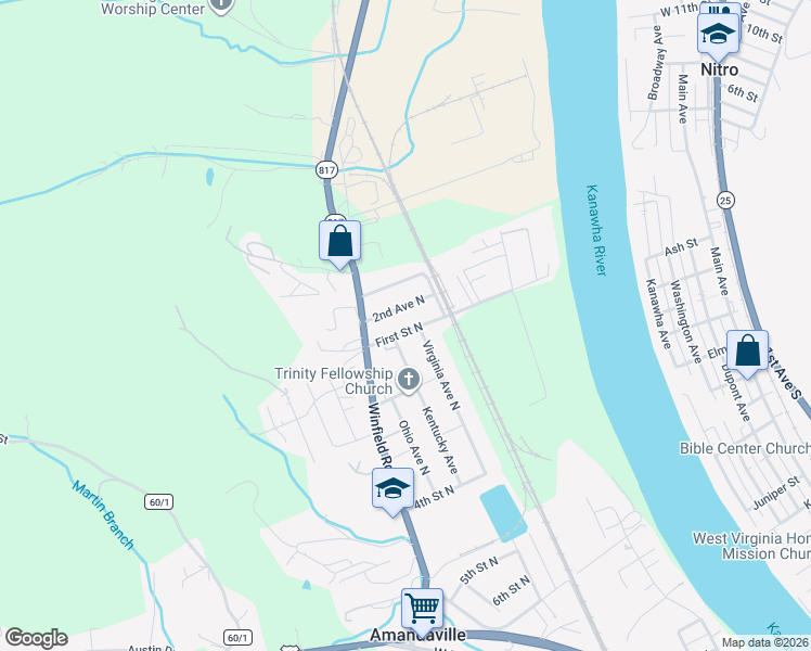 map of restaurants, bars, coffee shops, grocery stores, and more near 435 2nd Ave N in St Albans