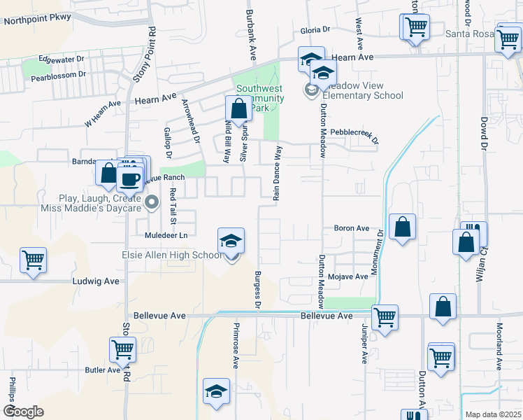 map of restaurants, bars, coffee shops, grocery stores, and more near 2026 Burgess Drive in Santa Rosa