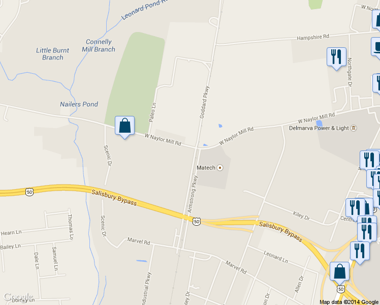 map of restaurants, bars, coffee shops, grocery stores, and more near 2336 Goddard Parkway in Salisbury