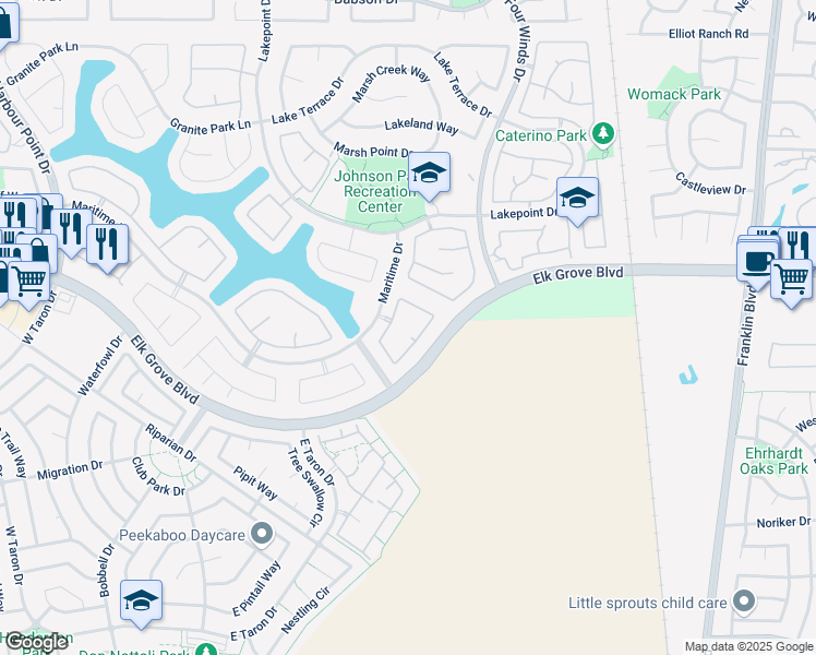 map of restaurants, bars, coffee shops, grocery stores, and more near 3568 Pacifica Lane in Elk Grove