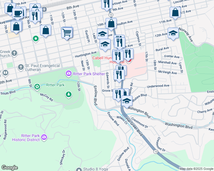map of restaurants, bars, coffee shops, grocery stores, and more near 1467 Edwards Street in Huntington