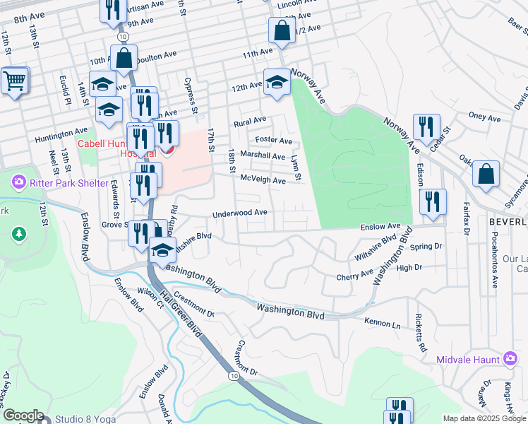 map of restaurants, bars, coffee shops, grocery stores, and more near 1872 Underwood Avenue in Huntington