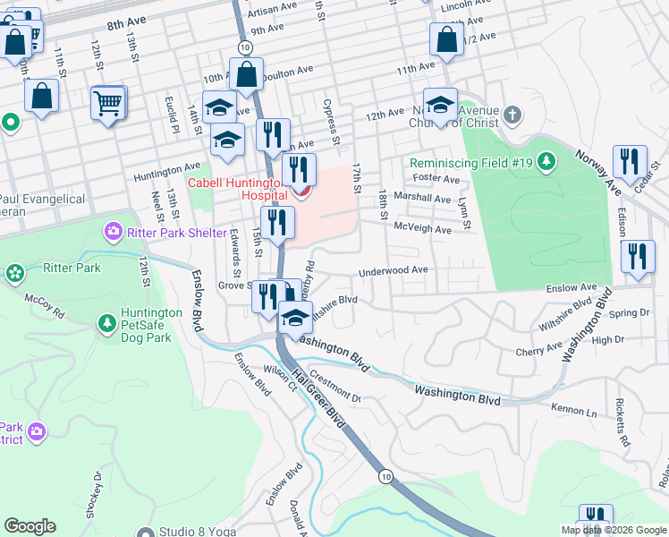 map of restaurants, bars, coffee shops, grocery stores, and more near 1660-1670 Holderby Road in Huntington