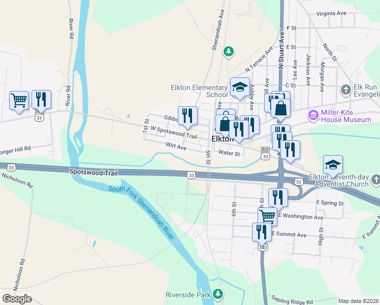 map of restaurants, bars, coffee shops, grocery stores, and more near 104 Shenadoah Avenue in Elkton