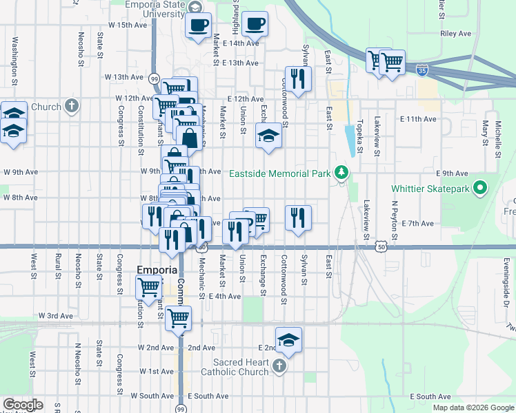map of restaurants, bars, coffee shops, grocery stores, and more near 316 East 8th Avenue in Emporia