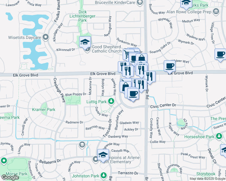 map of restaurants, bars, coffee shops, grocery stores, and more near 6927 Rawley Way in Elk Grove