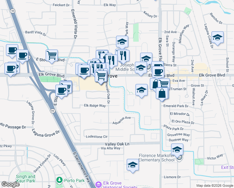 map of restaurants, bars, coffee shops, grocery stores, and more near 8768 Sapphire Court in Elk Grove