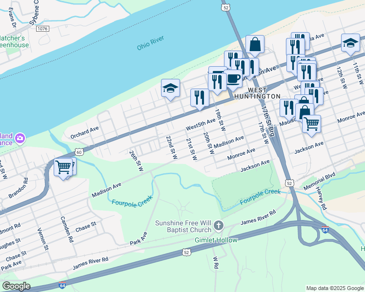 map of restaurants, bars, coffee shops, grocery stores, and more near 2122 Jefferson Avenue in Huntington