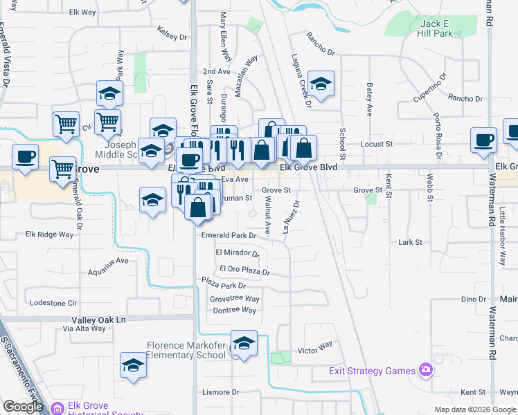map of restaurants, bars, coffee shops, grocery stores, and more near 9655 Gage Street in Elk Grove