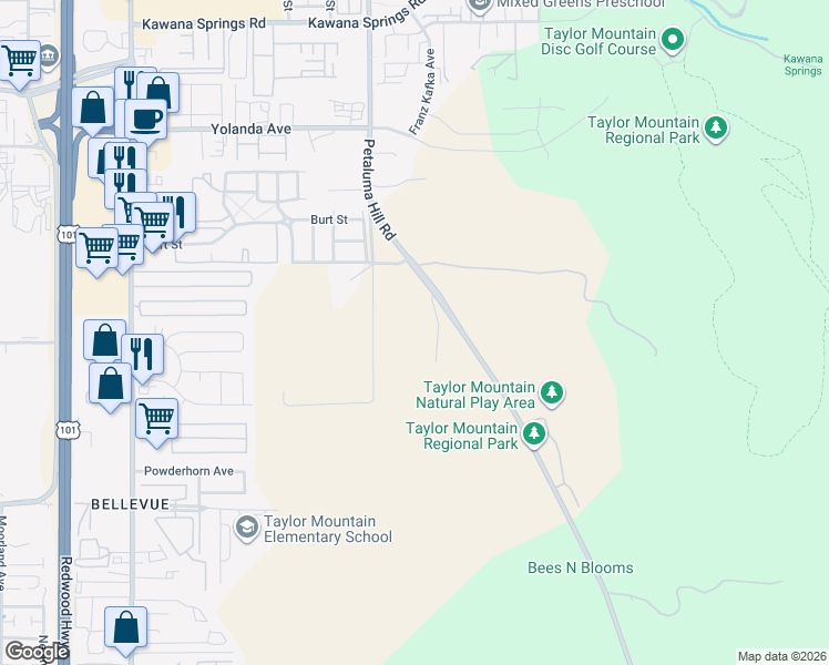 map of restaurants, bars, coffee shops, grocery stores, and more near 3395 Petaluma Hill Road in Santa Rosa